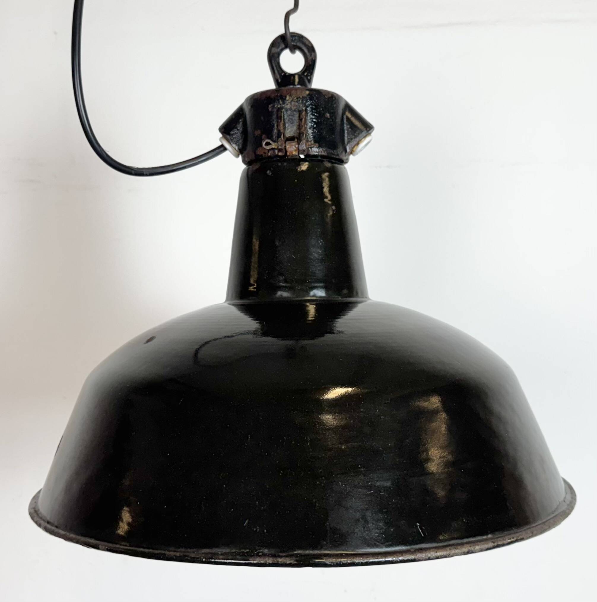 Industrial Black Enamel Factory Lamp with Cast Iron Top, 1950s