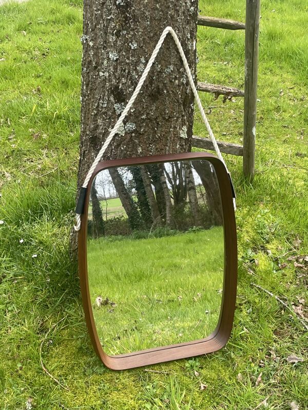 Ancien miroir teck scandinave forme tonneau vintage 50/60