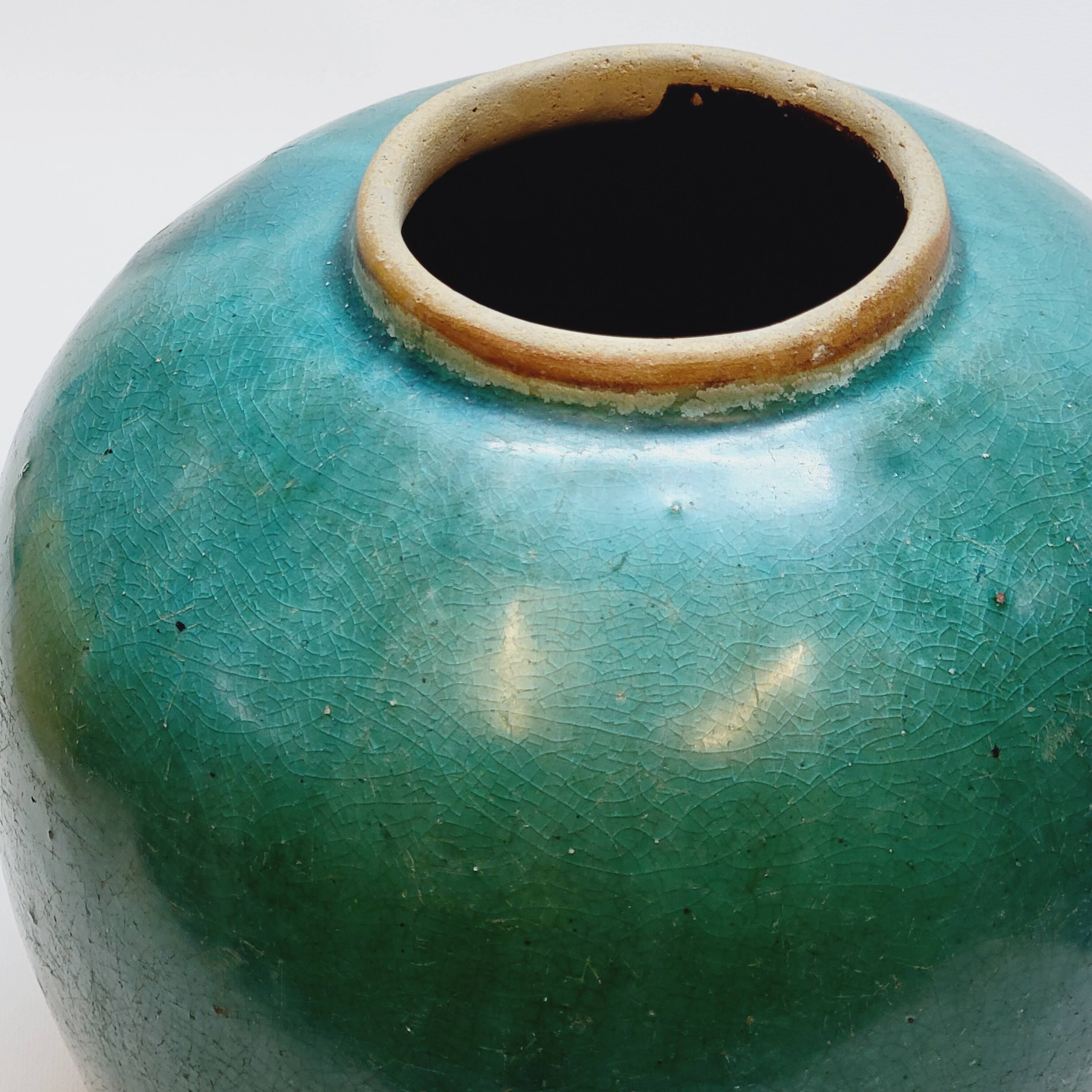 Antique Chinese Ginger Pot 1900 Green Blue Turquoise Enameled Ceramic