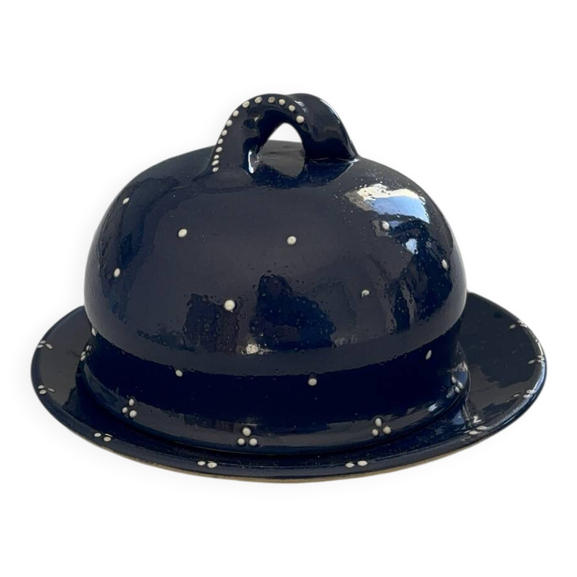 Vintage artisanal blue night ceramic butter dish in Alsatian style.