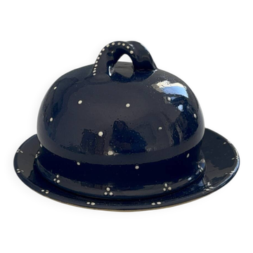 Vintage artisanal blue night ceramic butter dish in Alsatian style.