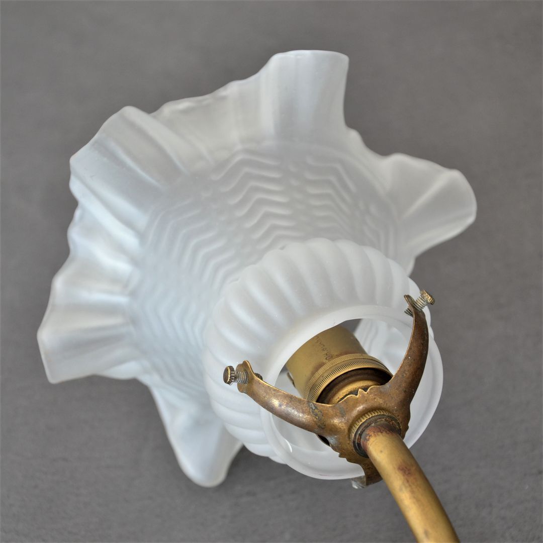 Vintage wall lamp, glass tulip lampshade, brass gooseneck support and blah porcelain