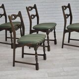 1970s, set of 4 Danish dining chairs, original condition, dark oak wood, furniture wool fabric.