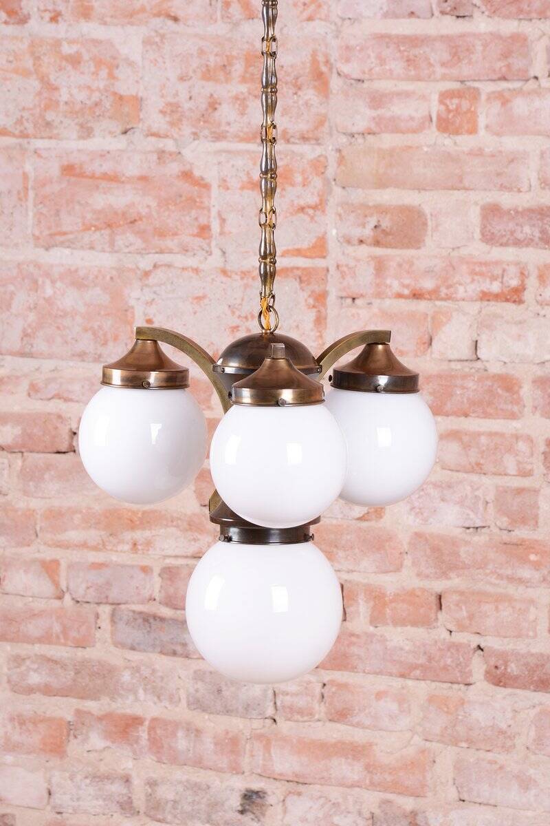 Art Deco Dissociative Chandelier in Brass and Opaline Glass, Czech, 1920s