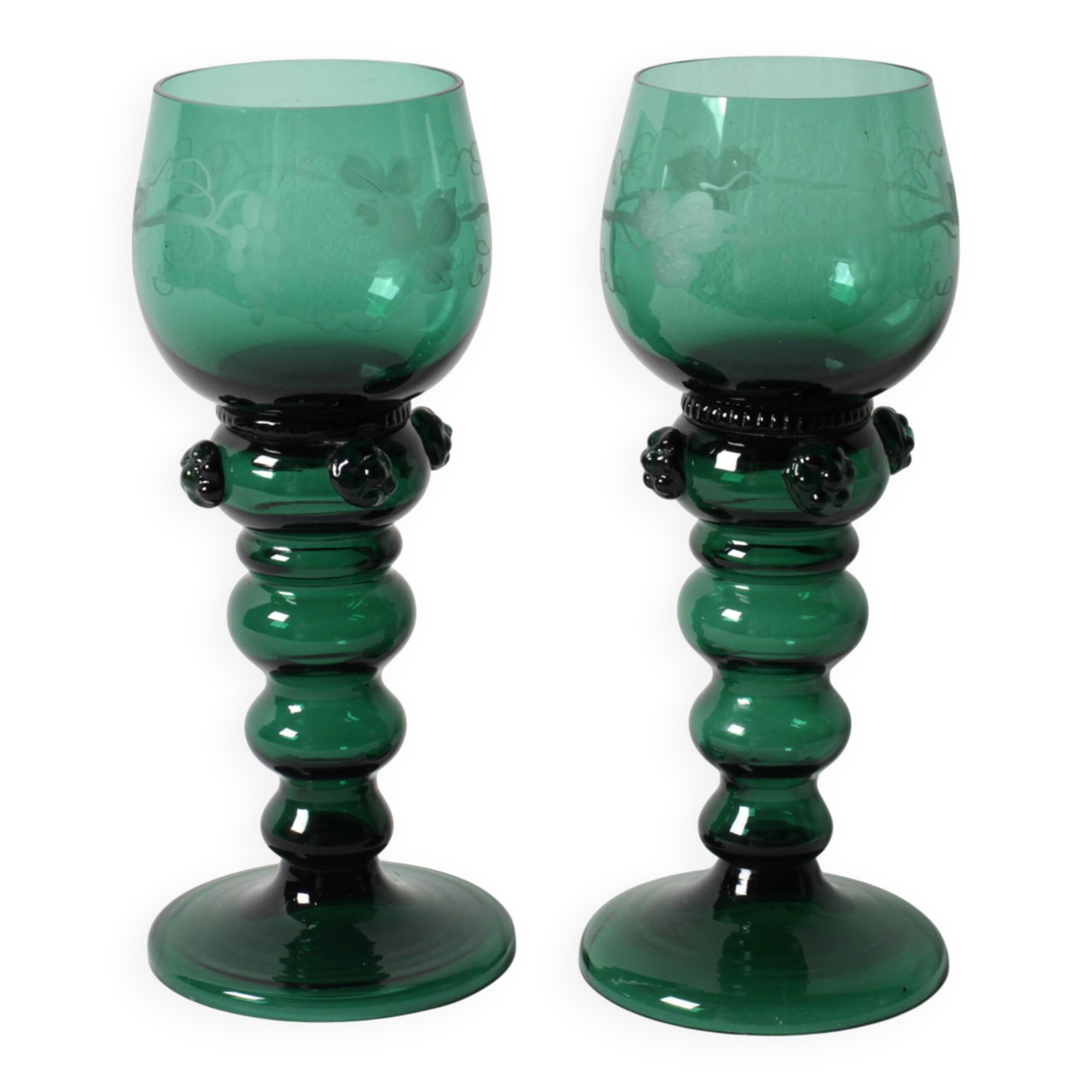 Set of 2 Vintage Emerald Green Wine Stem Crystal Glasses Remmare / 1960s