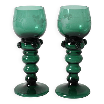 Ensemble de 2 verres à vin en cristal vert émeraude vintage Remmare / années 1960