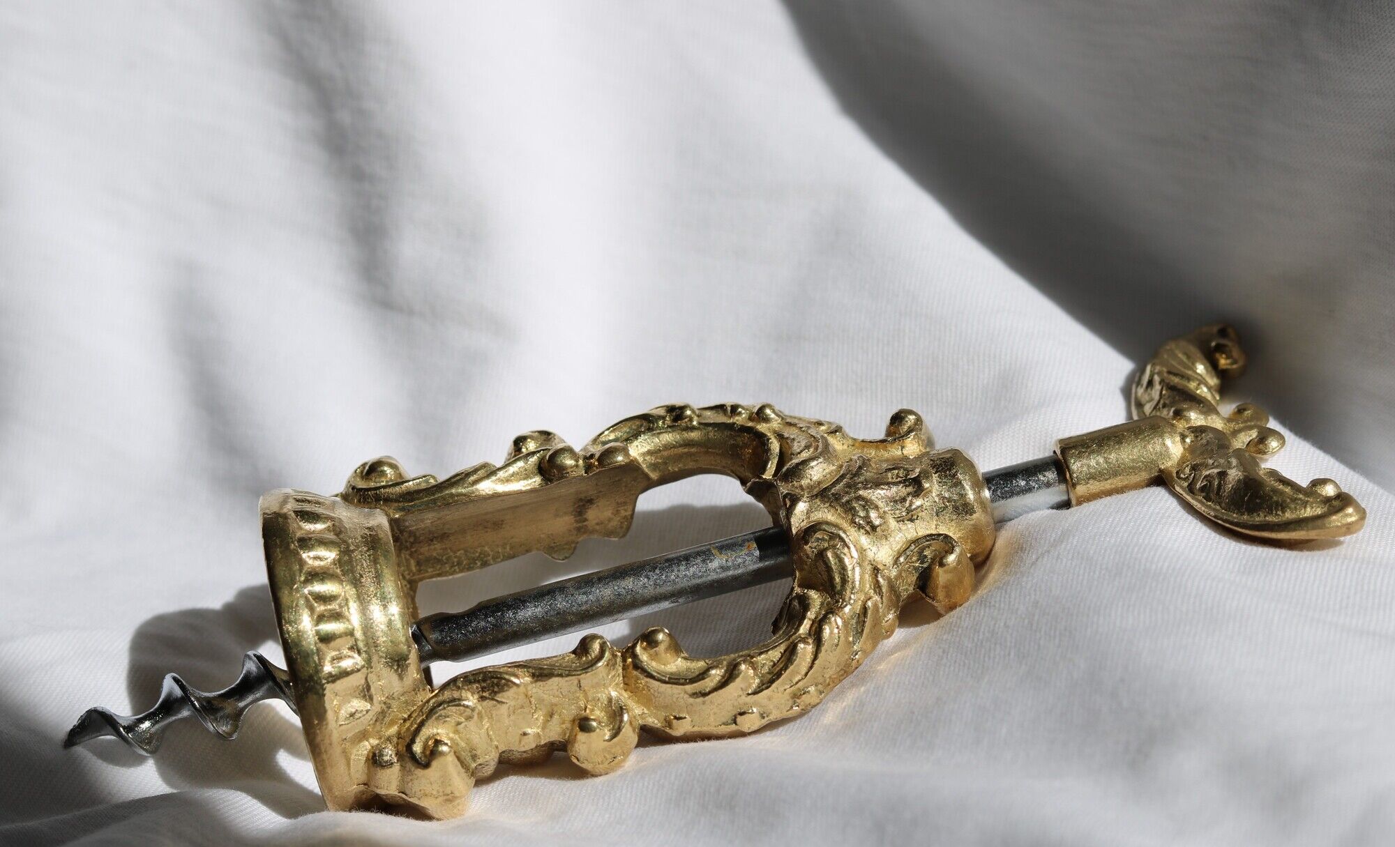 French ornate brass corkscrew wine opener