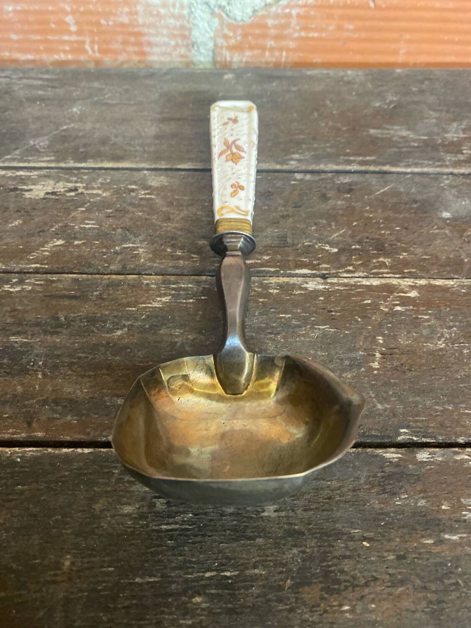 Old Silver-Plated Metal Serving Spoon + Porcelain Handle