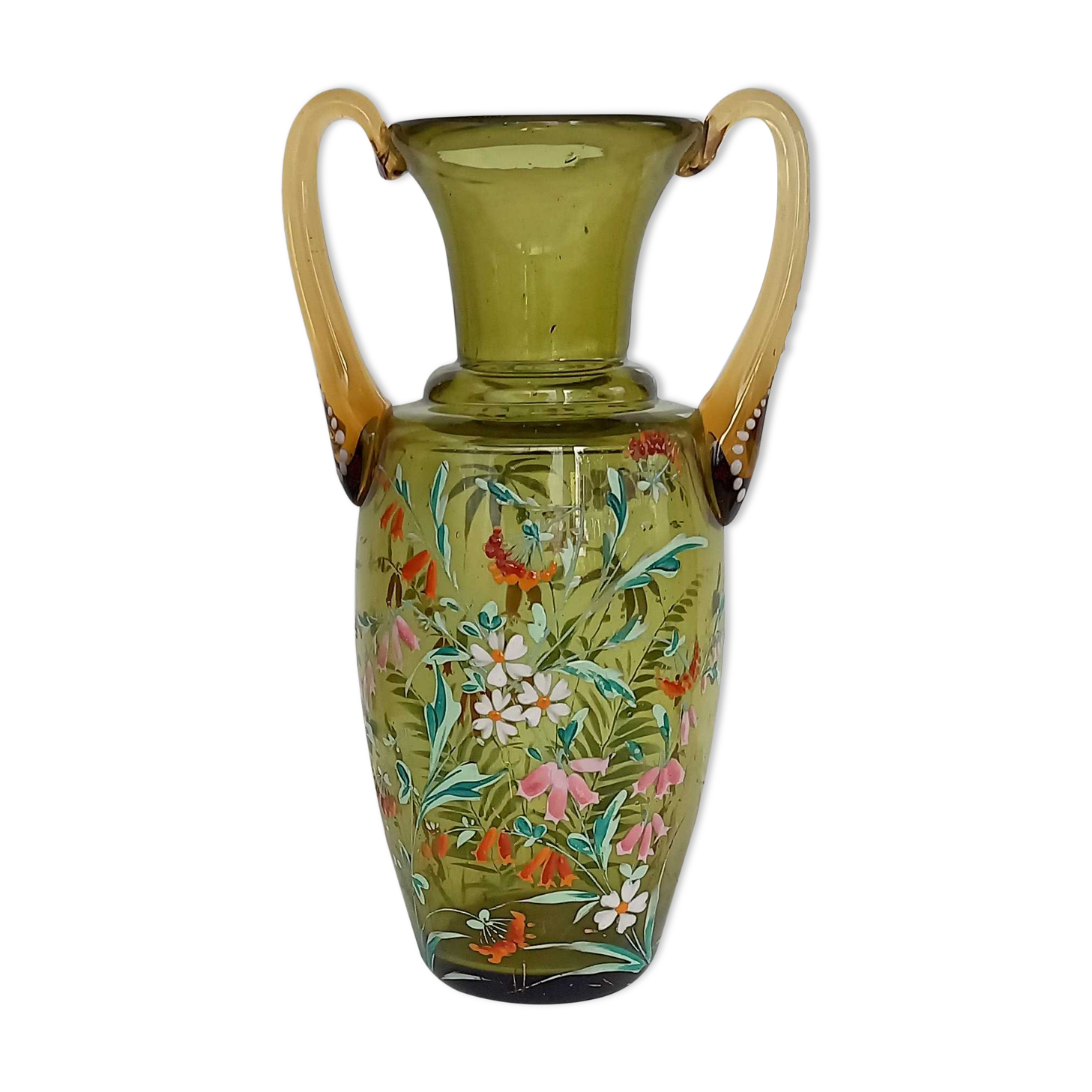 Enamelled green glass vase