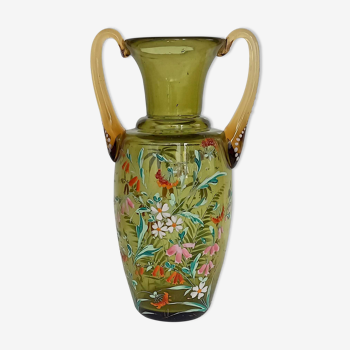 Enamelled green glass vase