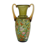 Enamelled green glass vase