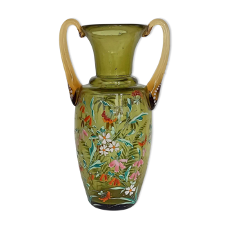 Enamelled green glass vase