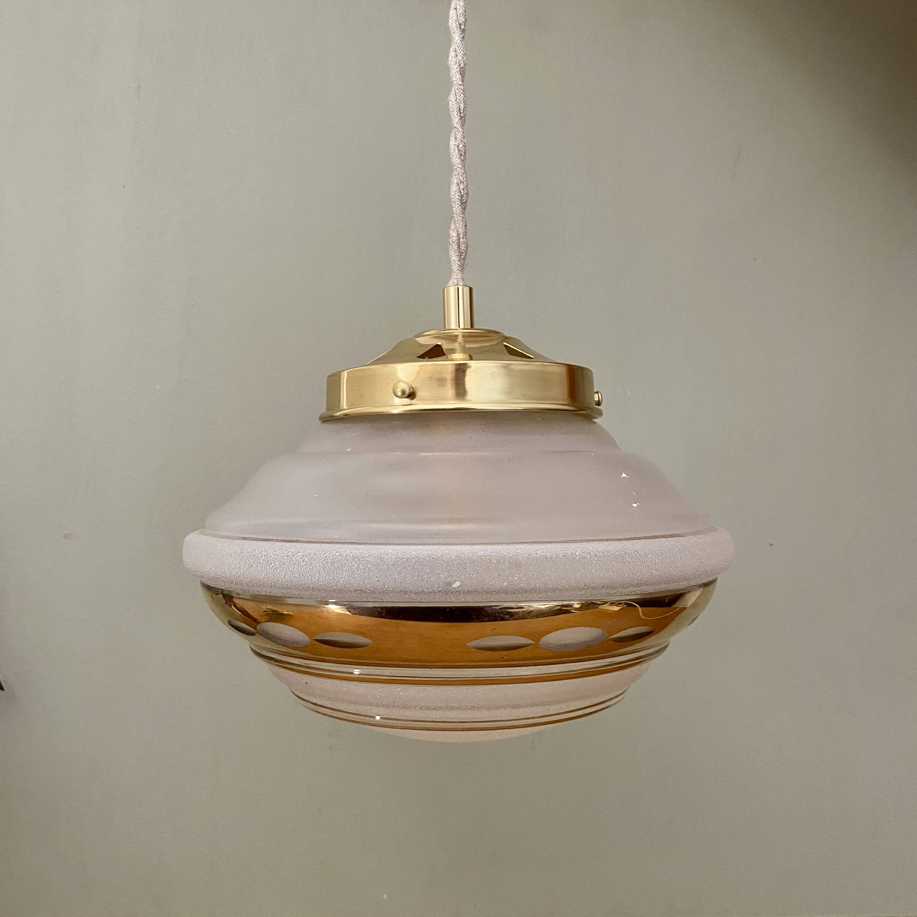 Vintage art deco globe pendant light in white and gold frosted glass