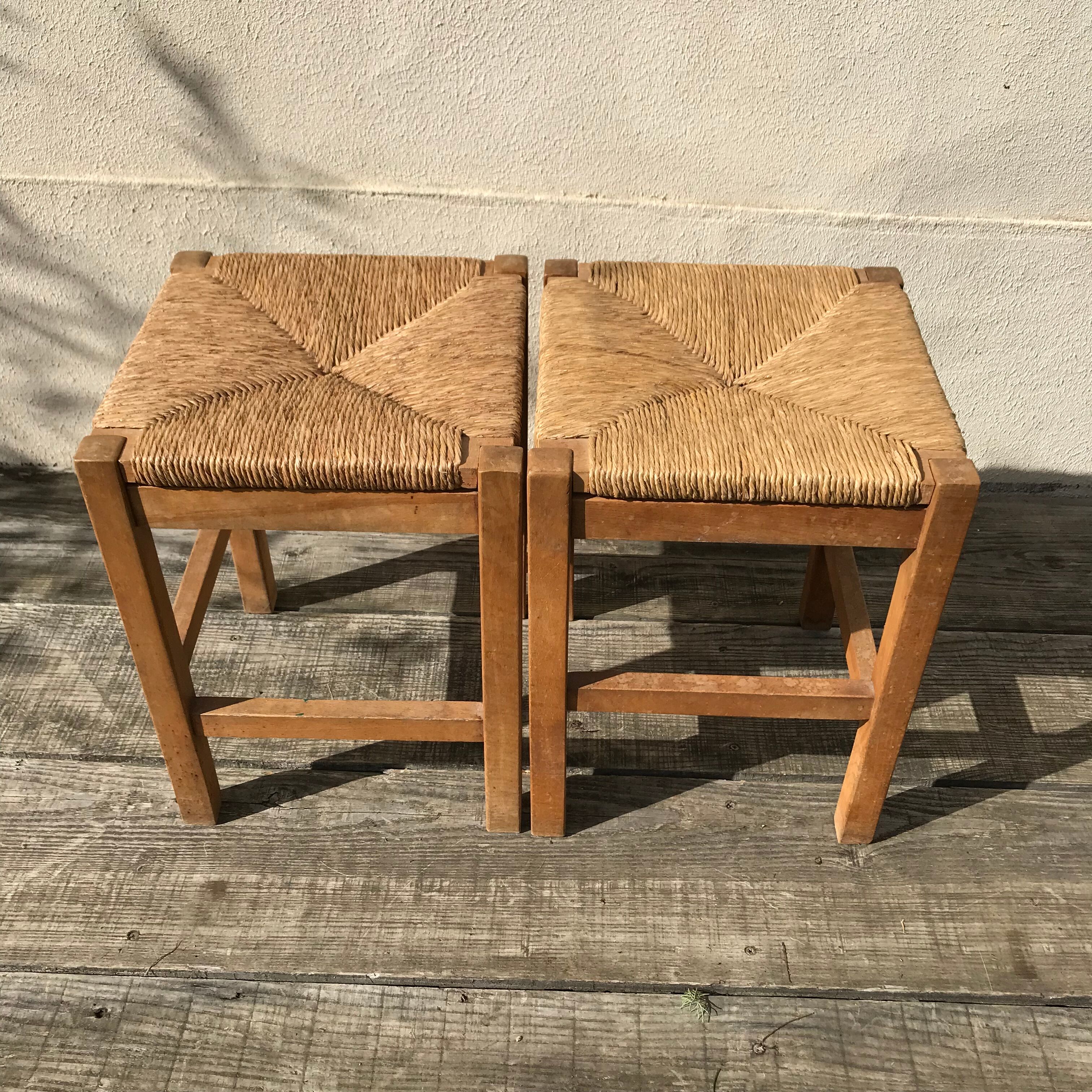 Pair of vintage beech stools seated mulched
