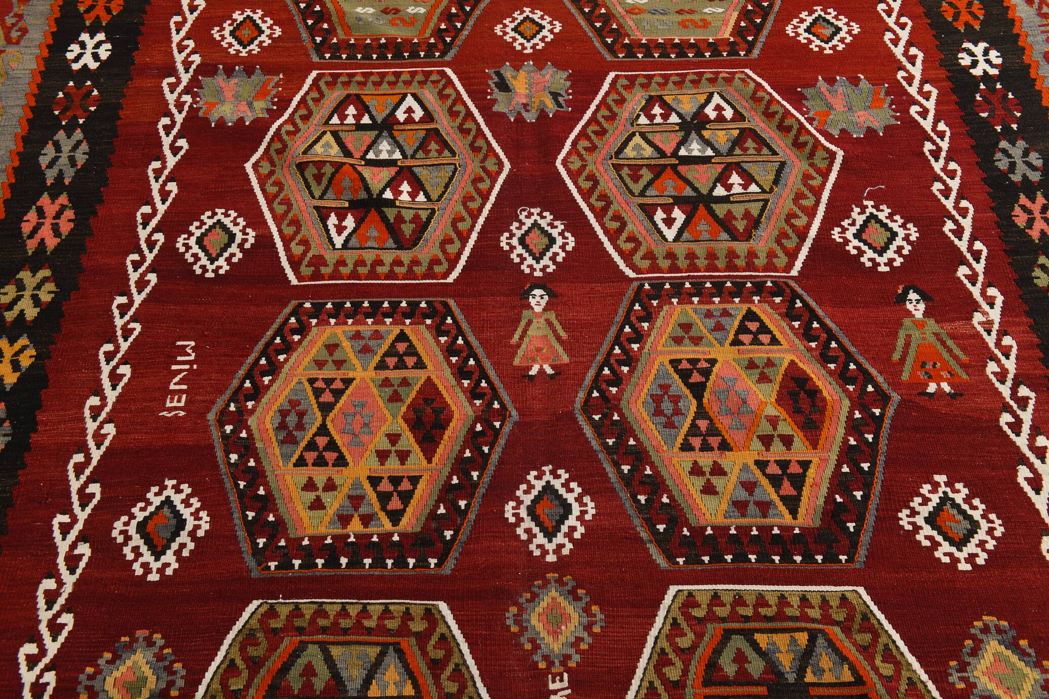 6x15 Wine Red & Green Vintage Kilim Rug, 198x468Cm