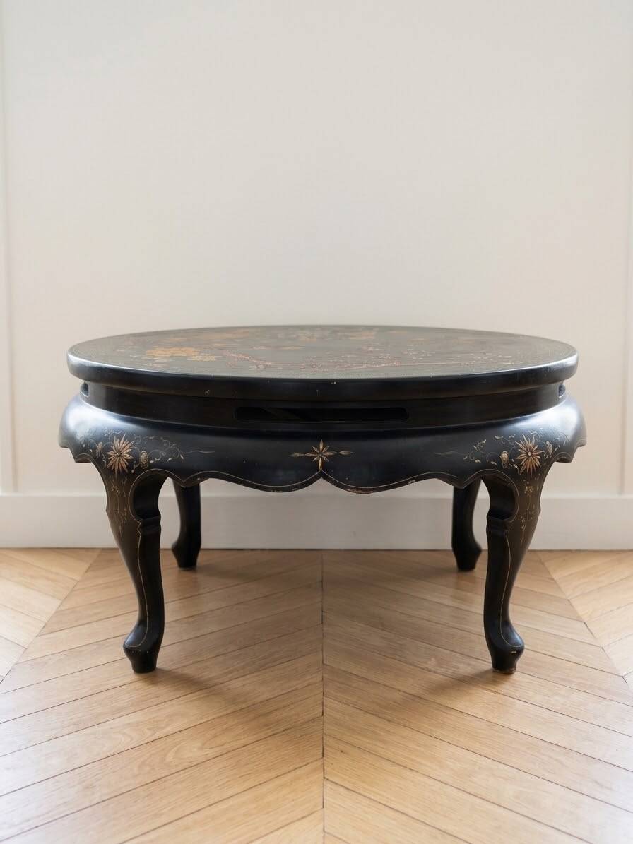 Asian coffee table in Chinese style made of black and gold lacquered wood.