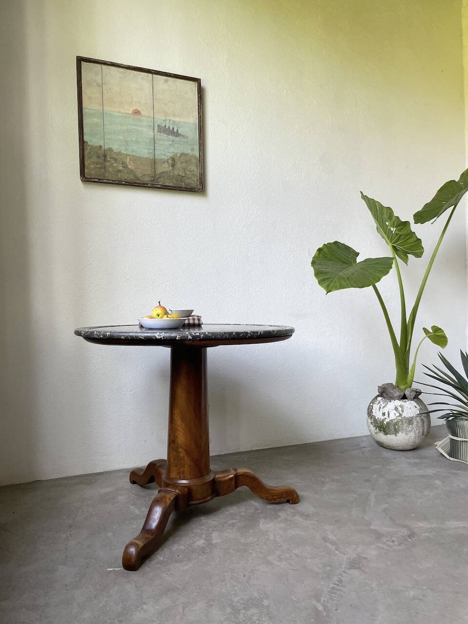 Empire walnut and marble pedestal table, late 19th century