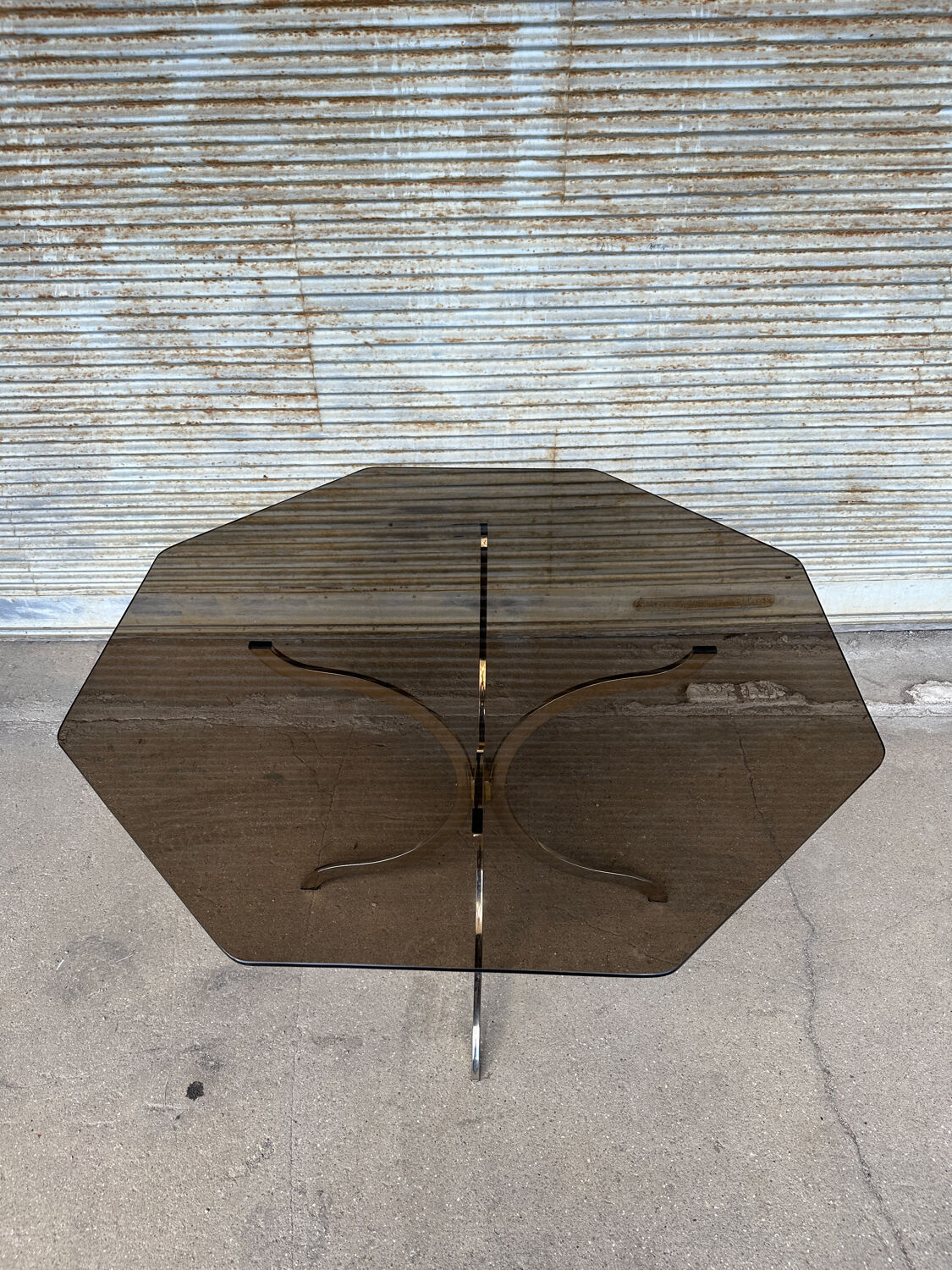 1970s table – chrome, brass, and smoked glass