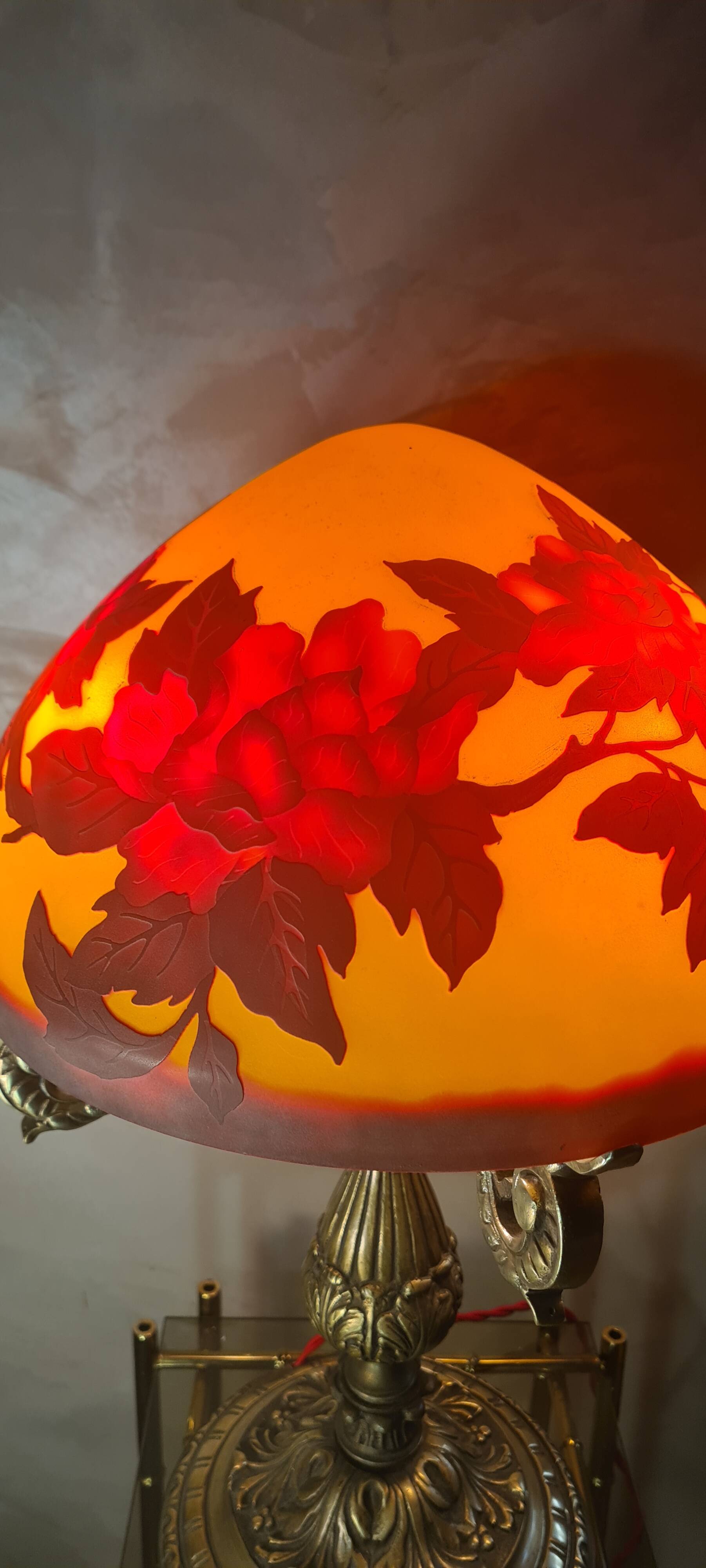 large bronze mushroom lamp with magnificent glass paste signed 7kg h51x33