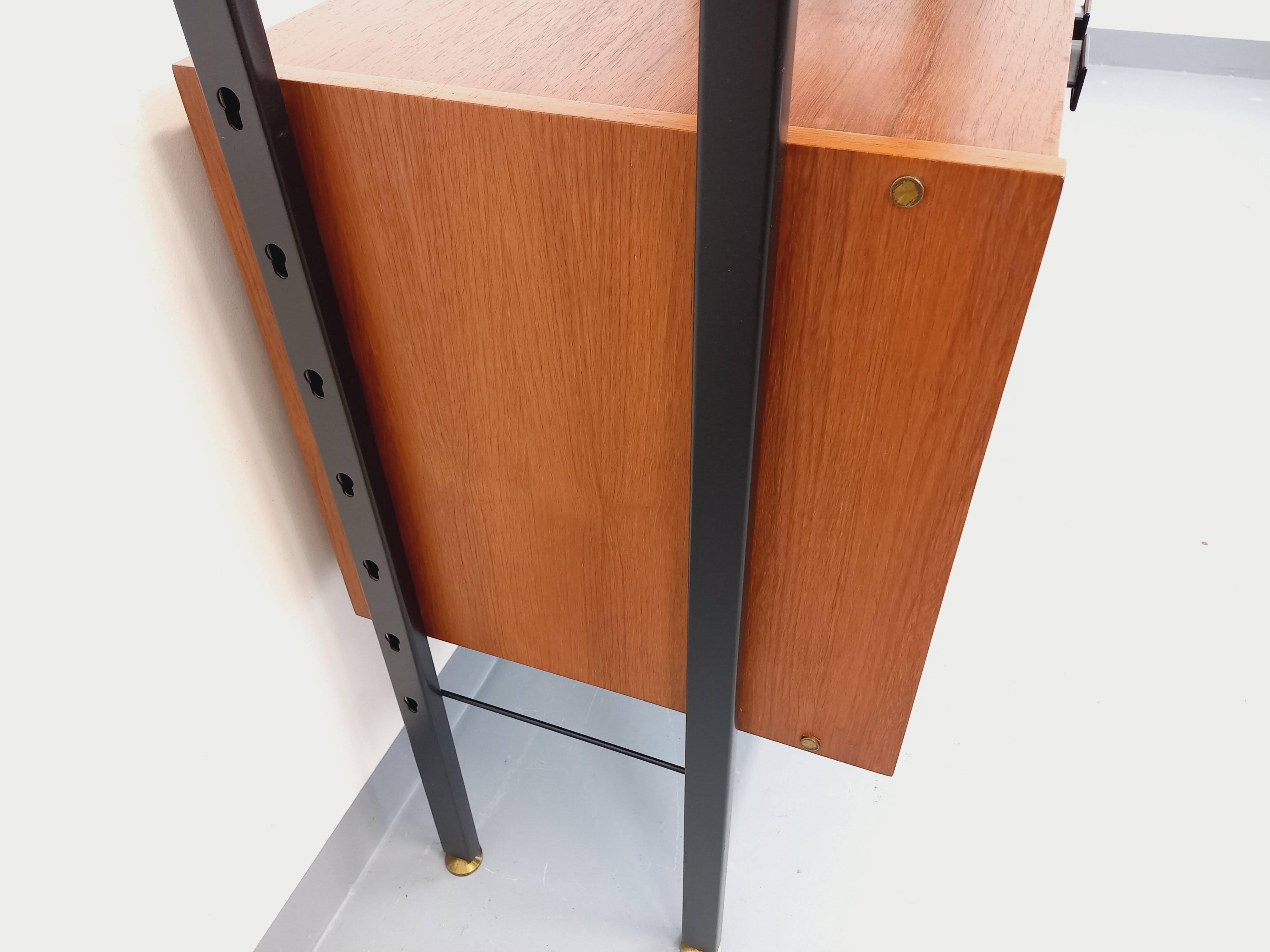 Vintage Italian double modular shelf bookcase in teak and metal