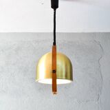 Lustre à hauteur réglable en laiton et en chêne du milieu du siècle dernier 70s