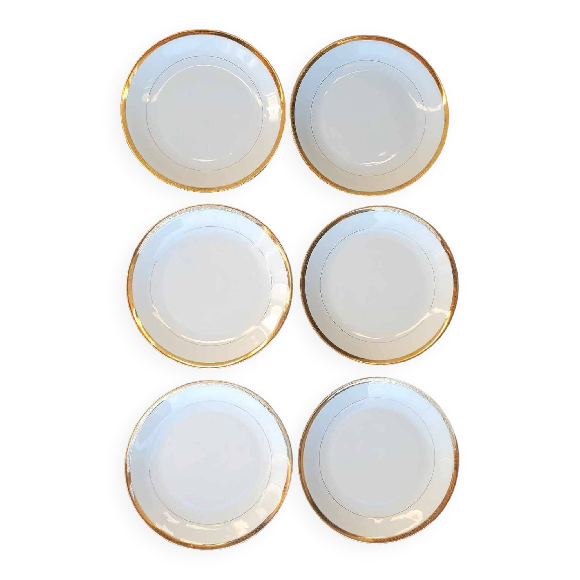 Set of 6 flat plates in Foëcy porcelain with golden epi border