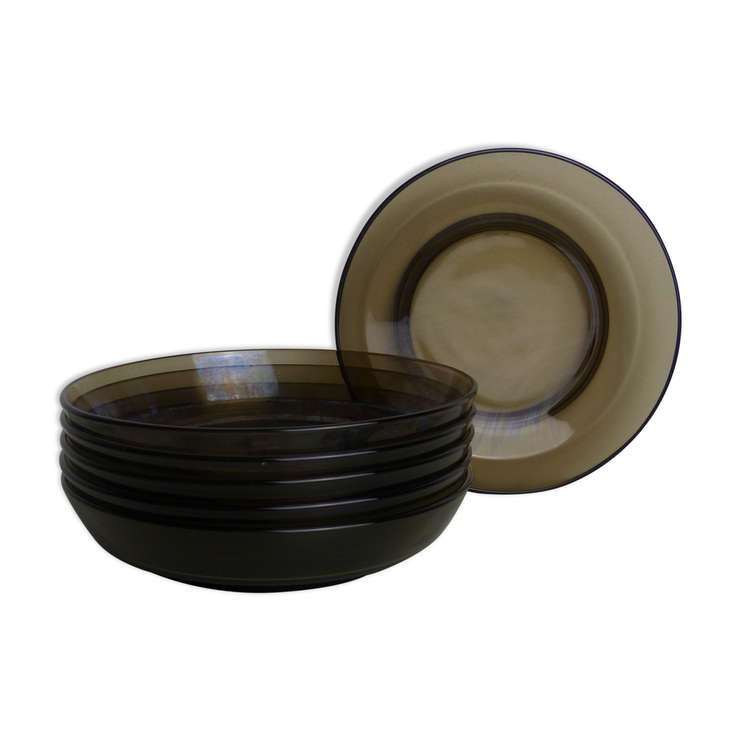 Set of 6 hollow plates in Vereco smoked glass