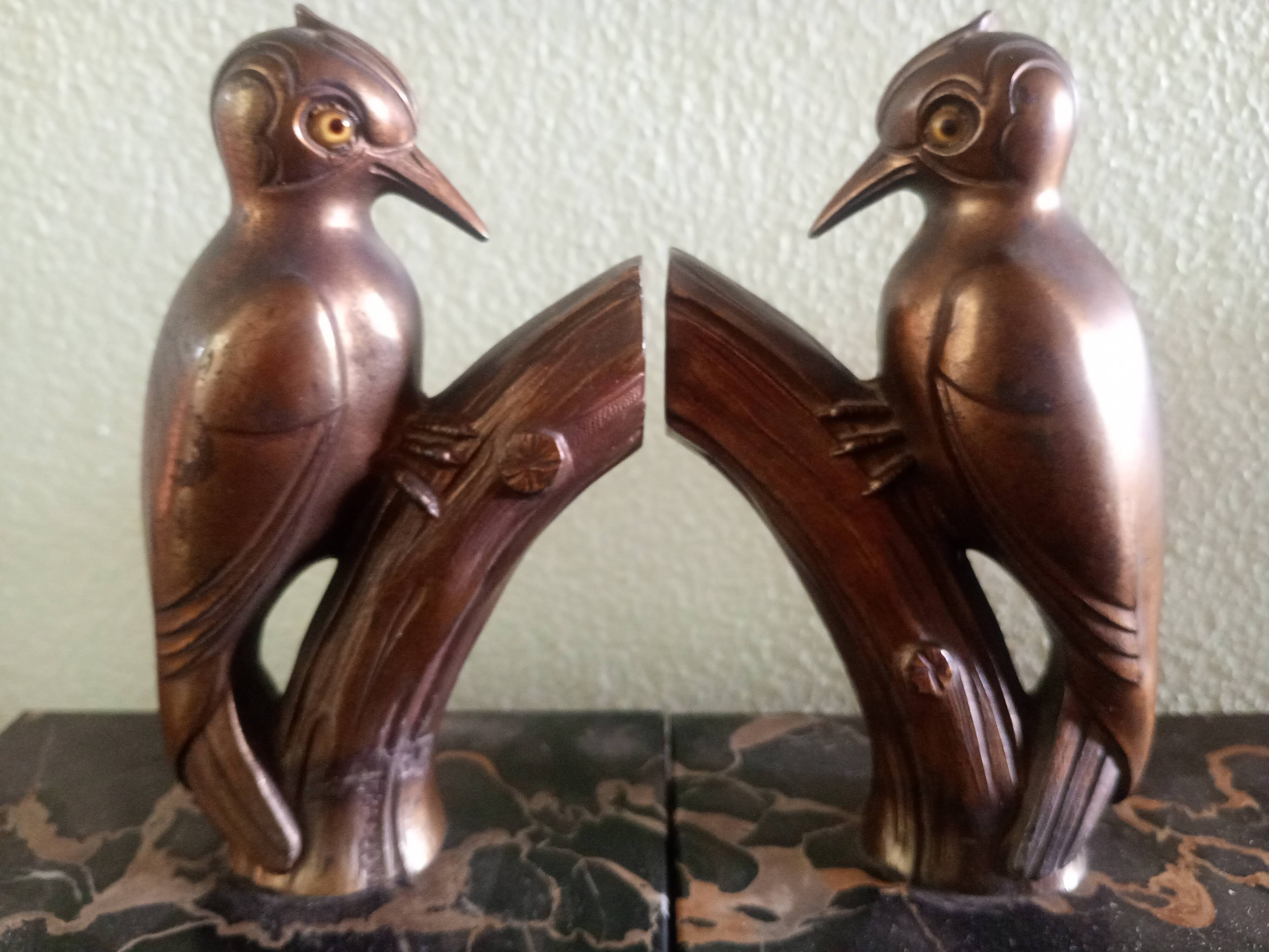 Frajou - Paire de Serre-livres aux oiseaux Pic & marbre portor