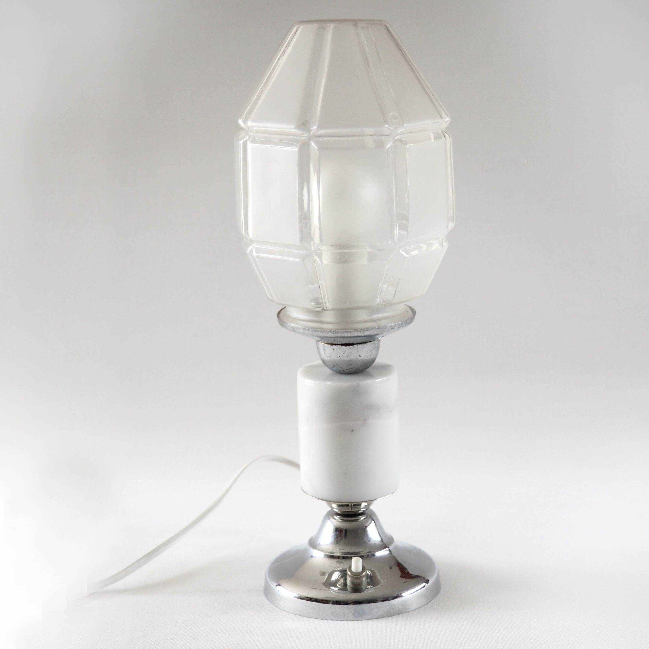 Art Deco lamp in satin glass, marble and chrome