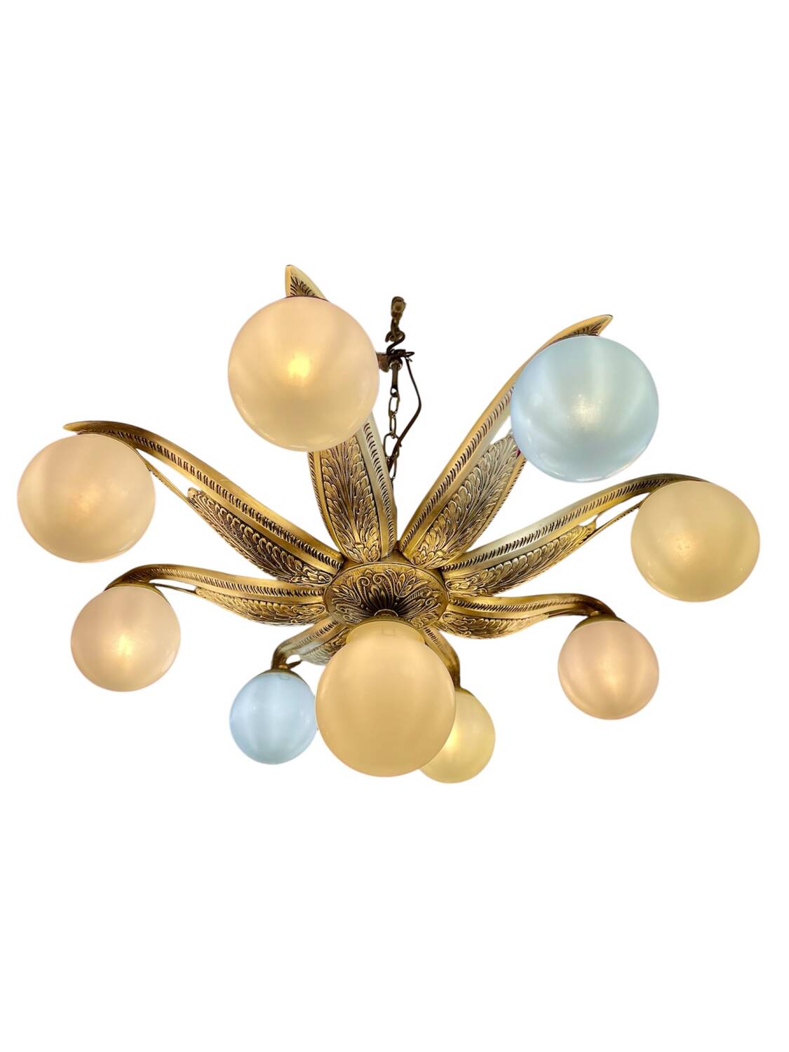 Large Art Deco bronze chandelier with 9 opaline globes, France 1935.