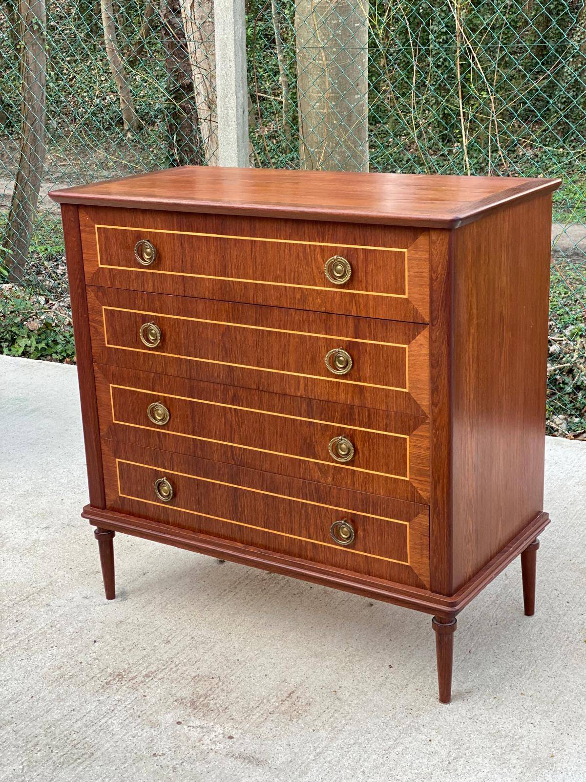 Louis XVI Empire style chest of drawers in solid teak wood with 4 drawers