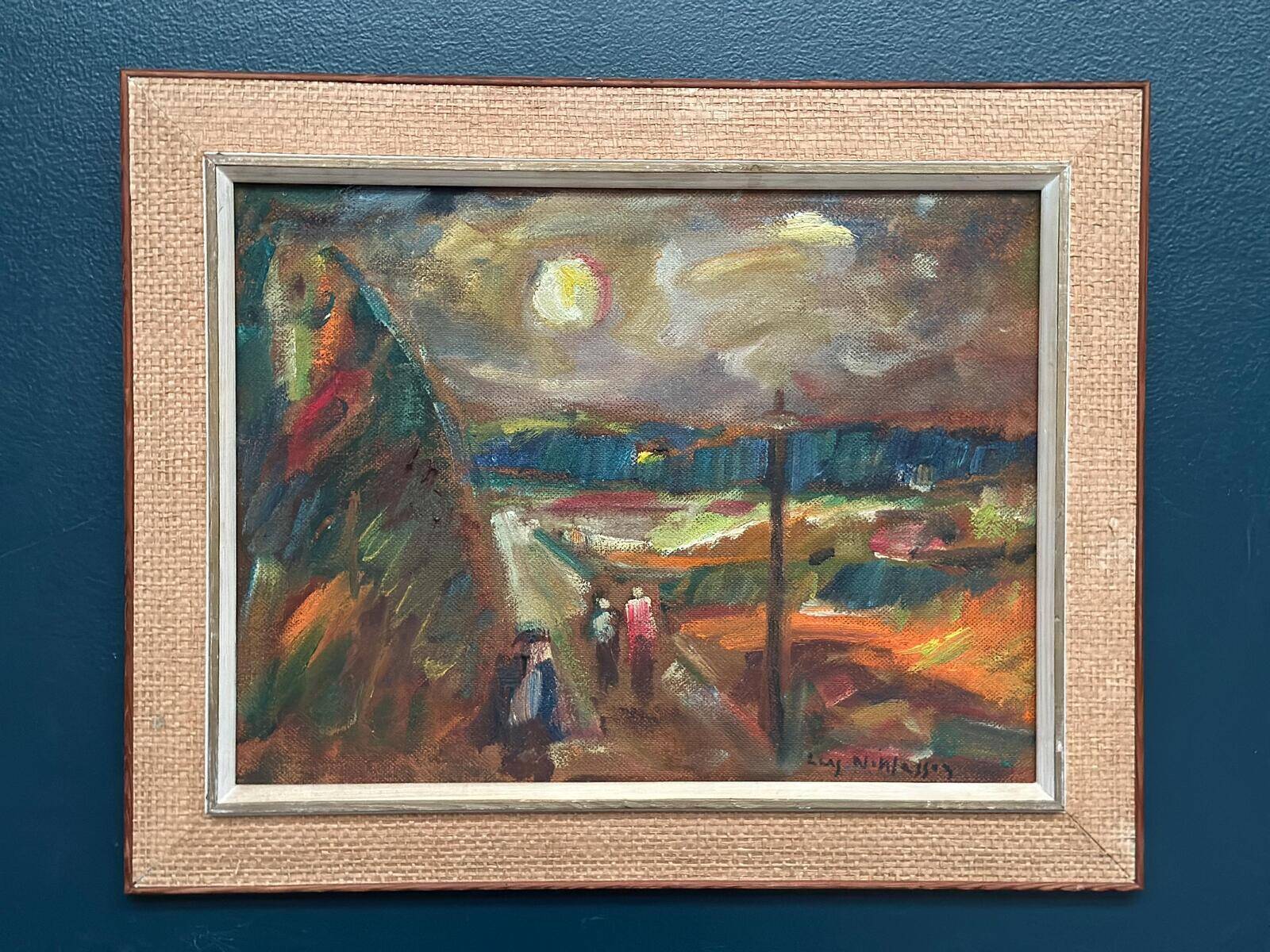 Original Swedish Oil on Panel – “Landscape with Figures” by Lars Niklasson
