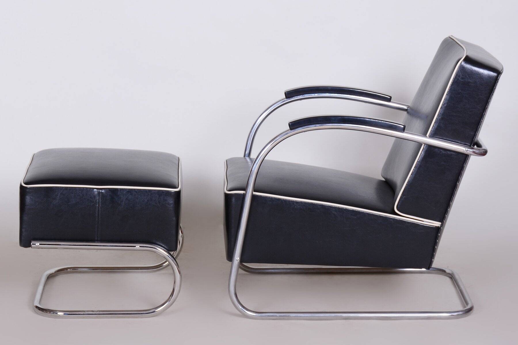 Bauhaus Armchair with Stool in Chrome attributed to Mücke-Melder, Czech, 1930s, Set of 2