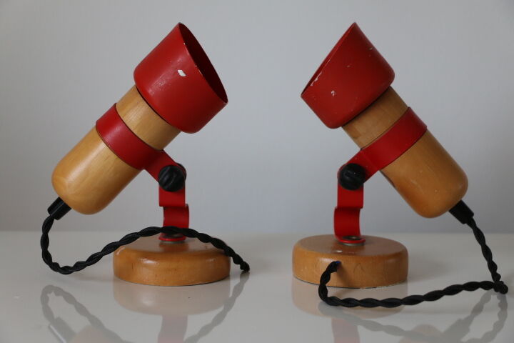Pair of wall lamps wood and red metal