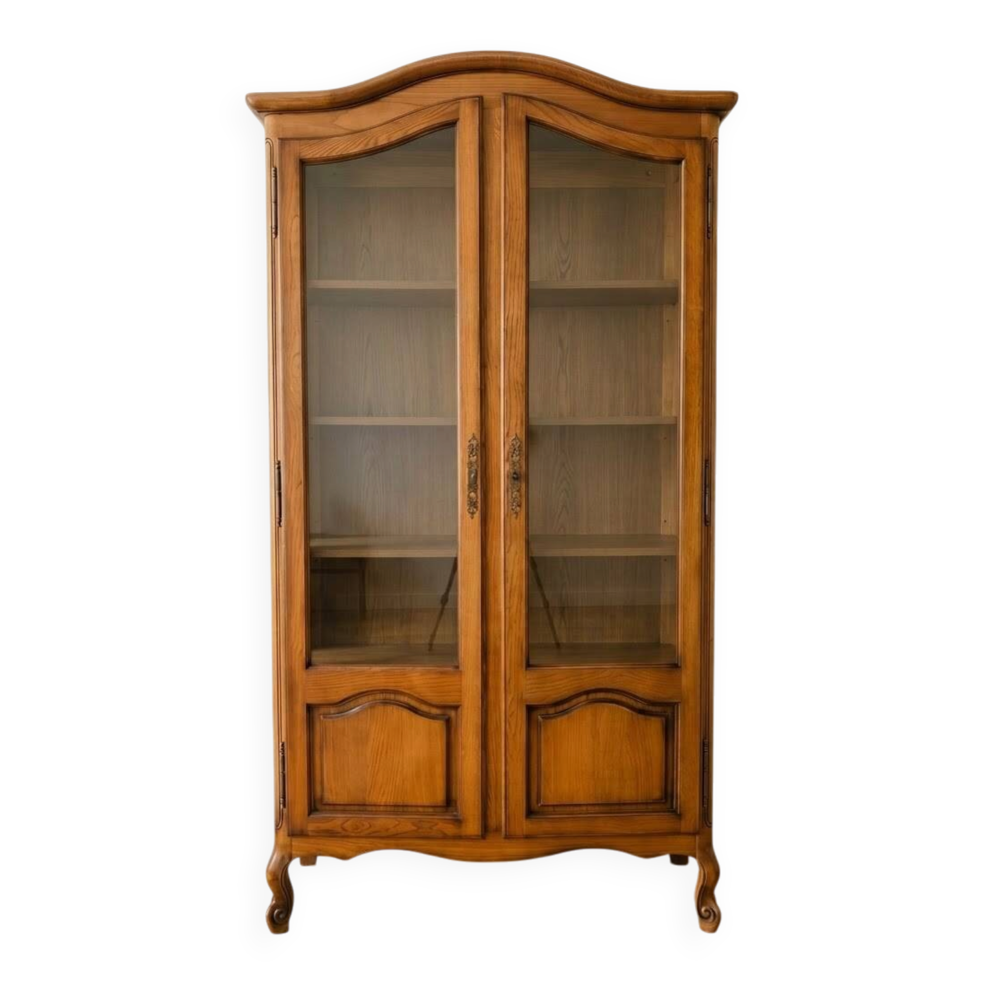 Antique wooden display cabinet with glass doors.
