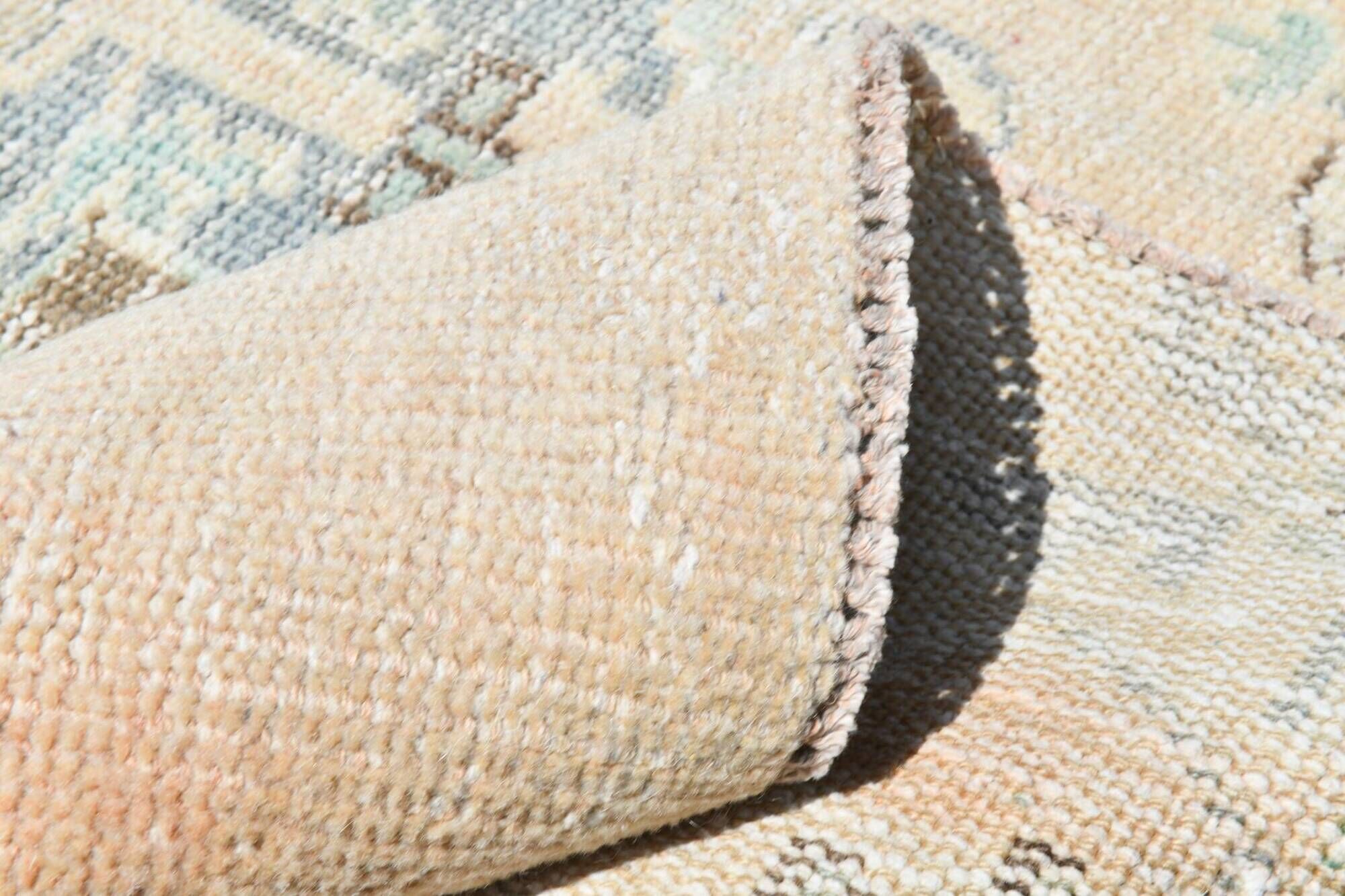 Tapis Oushak Vintage, Laine Turque Beige Pêche & Bleu Délavé, 159x227 Cm
