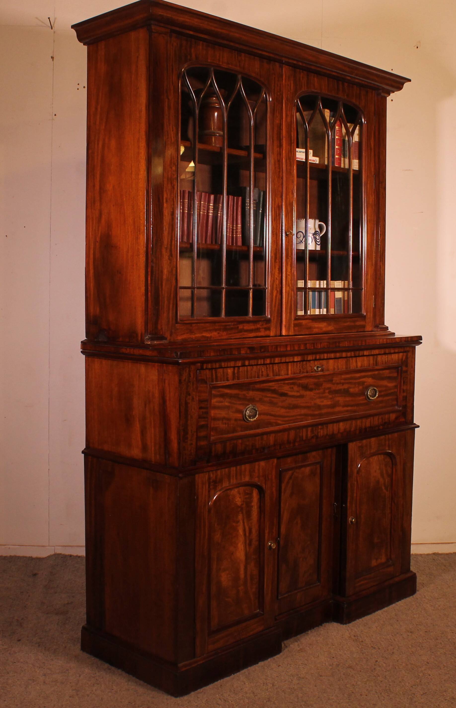 Display Cabinet or Mahogany Bookcase with Secretary - 19th Century