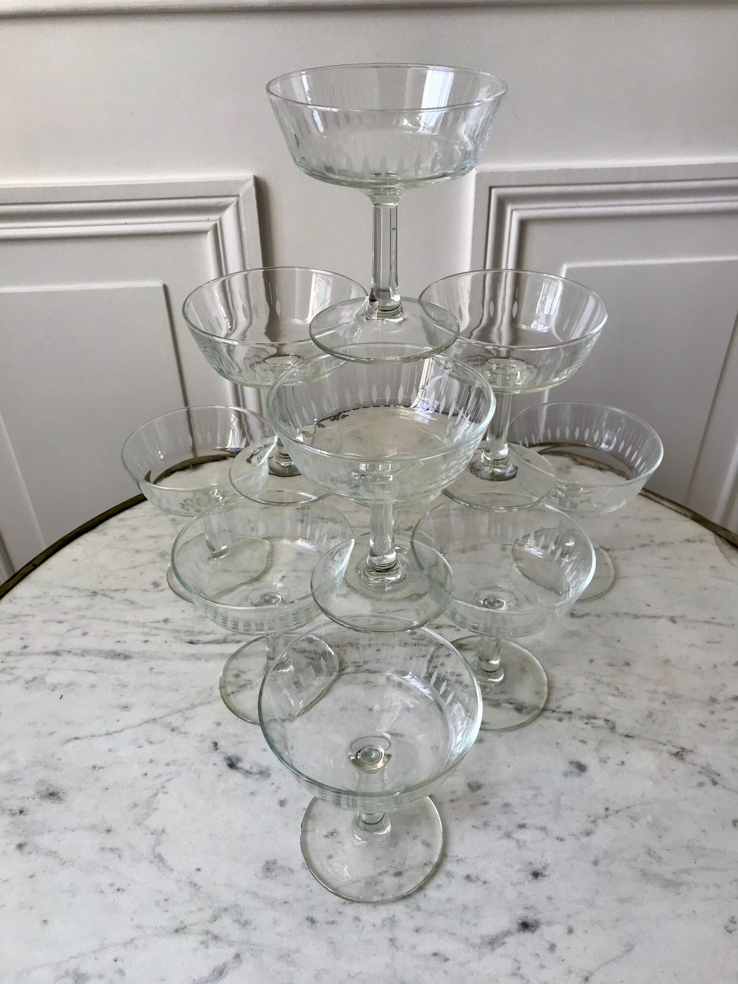 Lot de 10 coupes à champagne en verre cristallin années 50-60