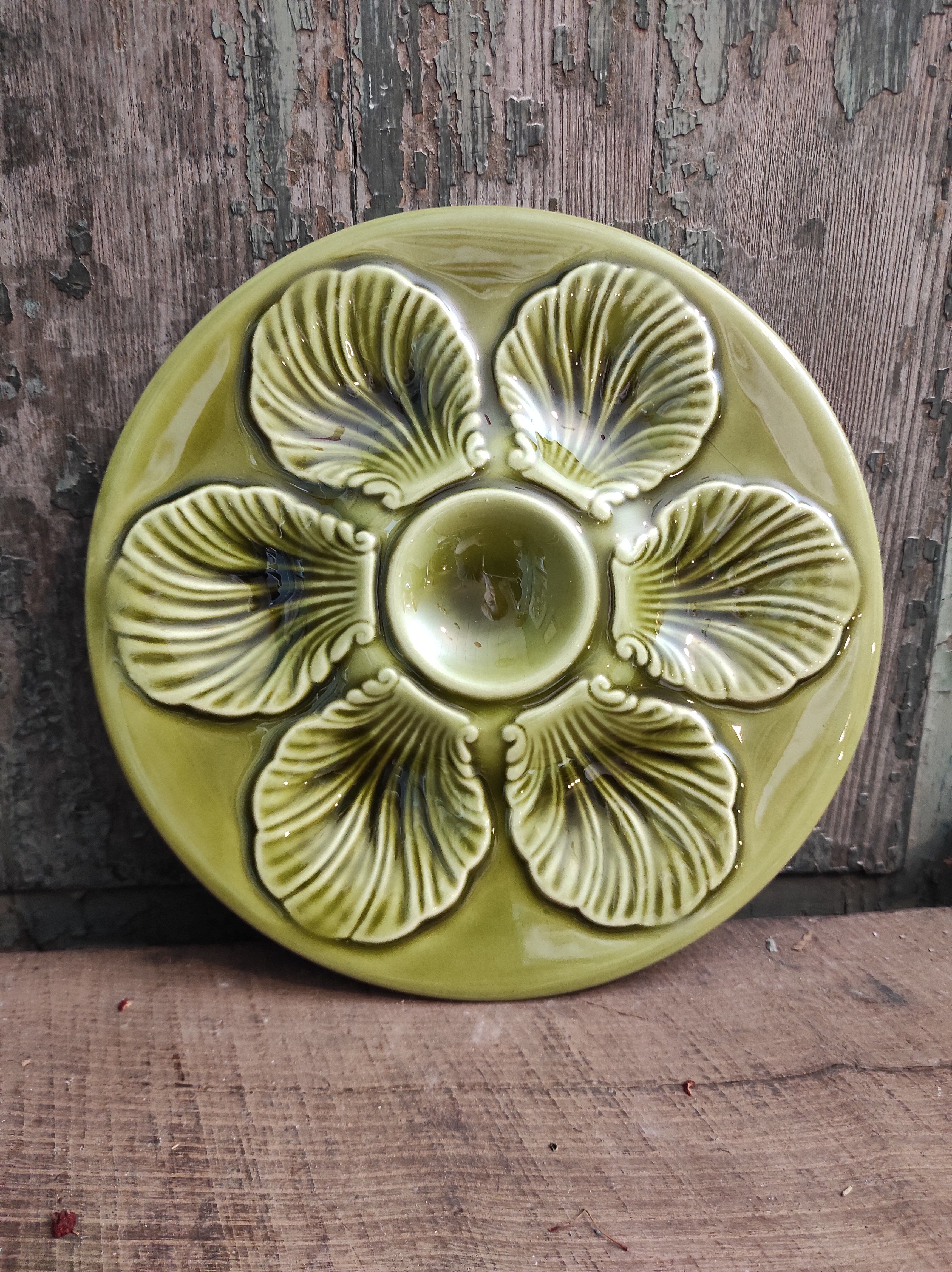 Vintage French Oyster Plate in grass green Majolica