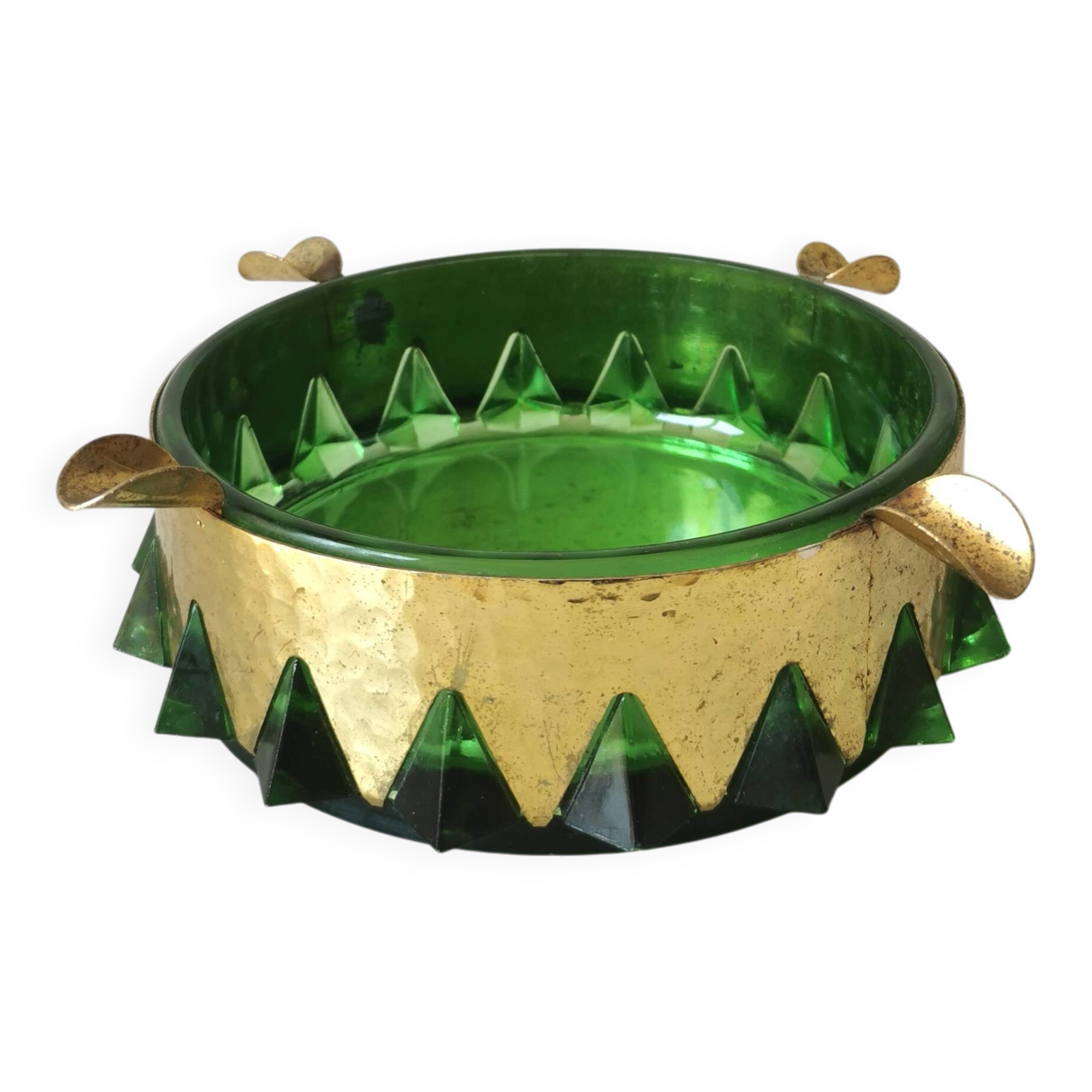 Cendrier en cristal vert et or vintage / Cendrier rond en verre de style mid-century modern