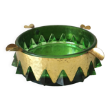 Cendrier en cristal vert et or vintage / Cendrier rond en verre de style mid-century modern