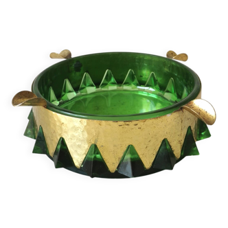 Vintage Green and Gold Crystal Ashtray / Mid-century Modern Glass Round Ash