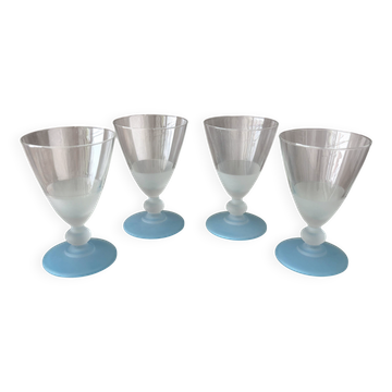 Ensemble de 4 verres à cocktail / à eau vintage en verre givré bleu et blanc