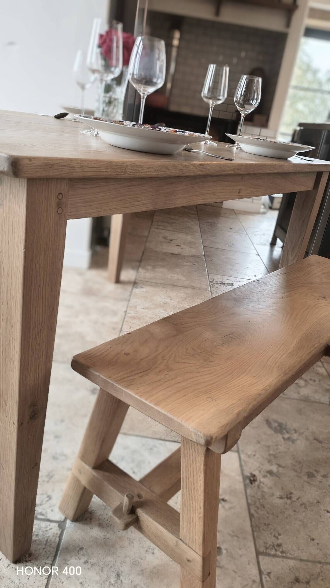 Farm table and bench ("A frame") in solid French oak.