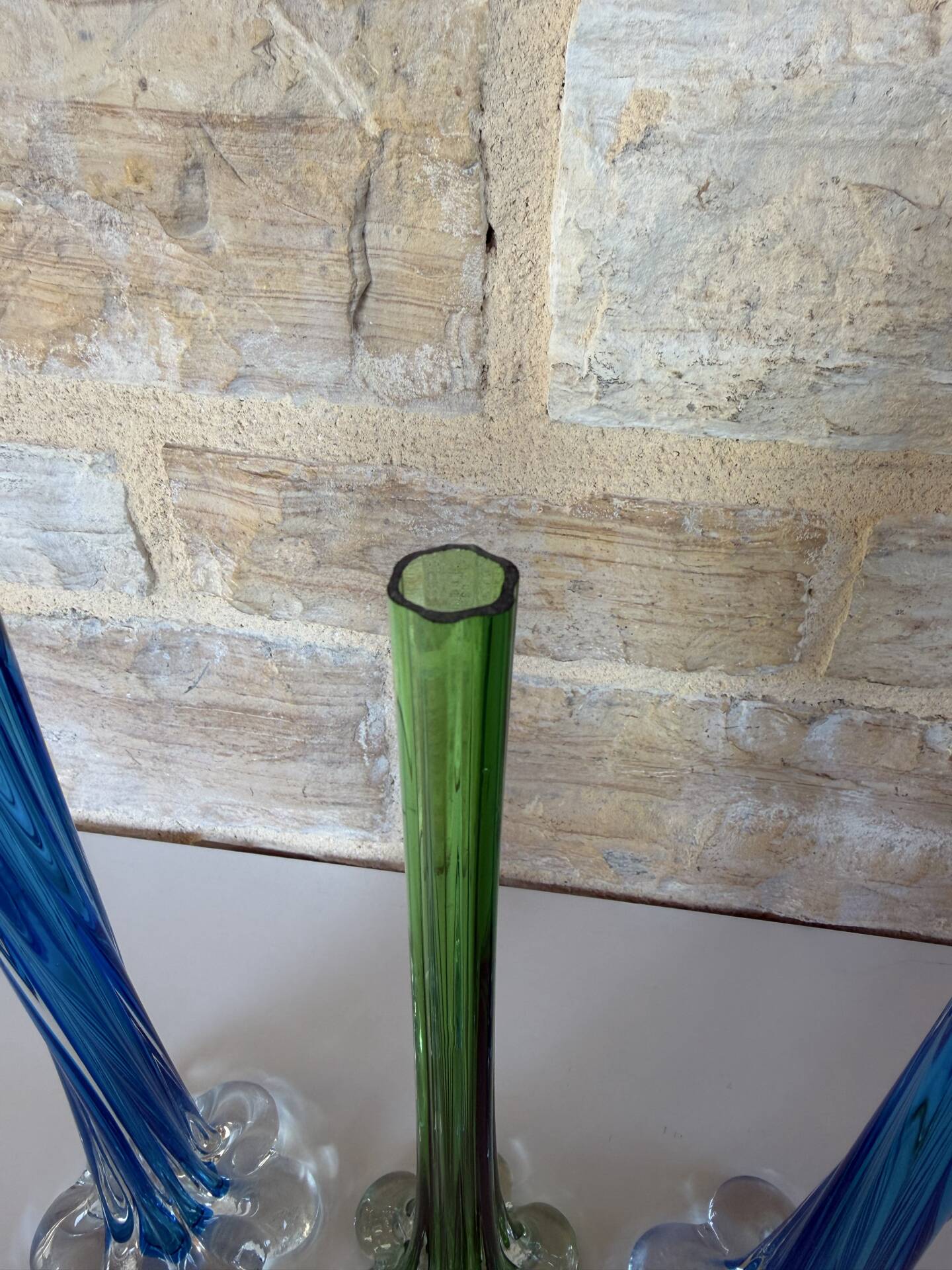 Trio de soliflore vase Murano vintage – verre soufflé bleu & vert – It