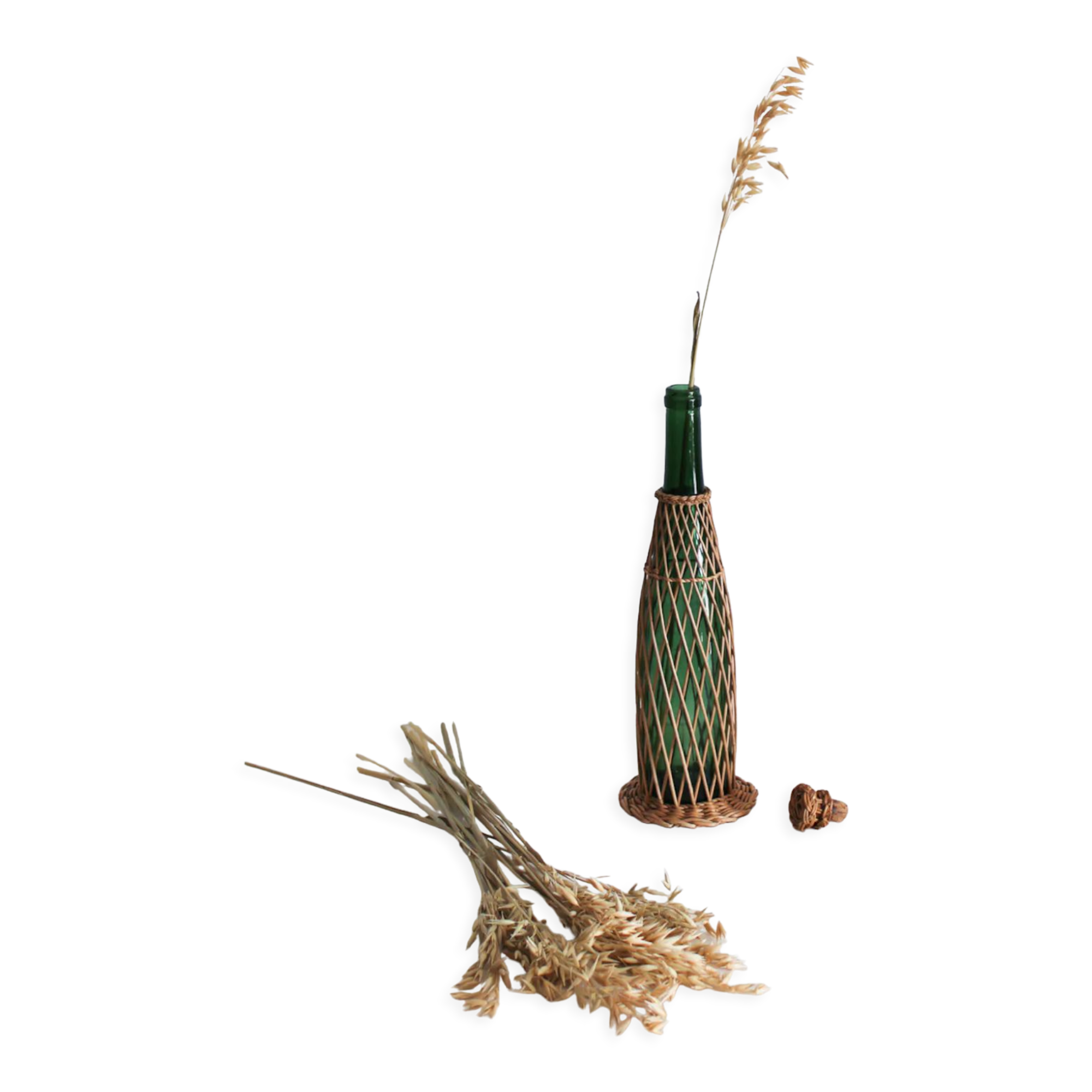 Glass and wicker bottle