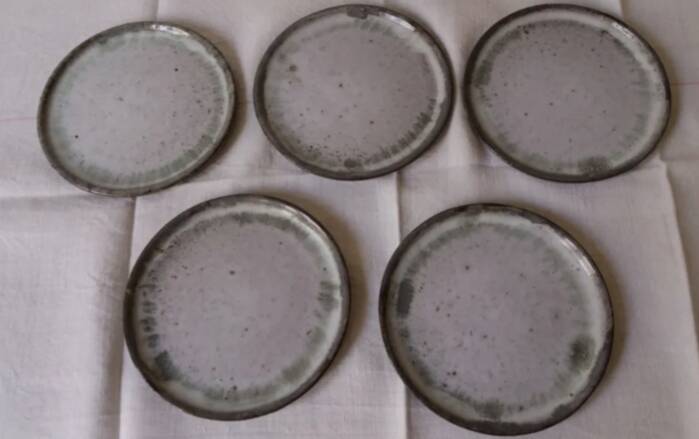 Set of 5 bluish gray enamelled stoneware dessert plates