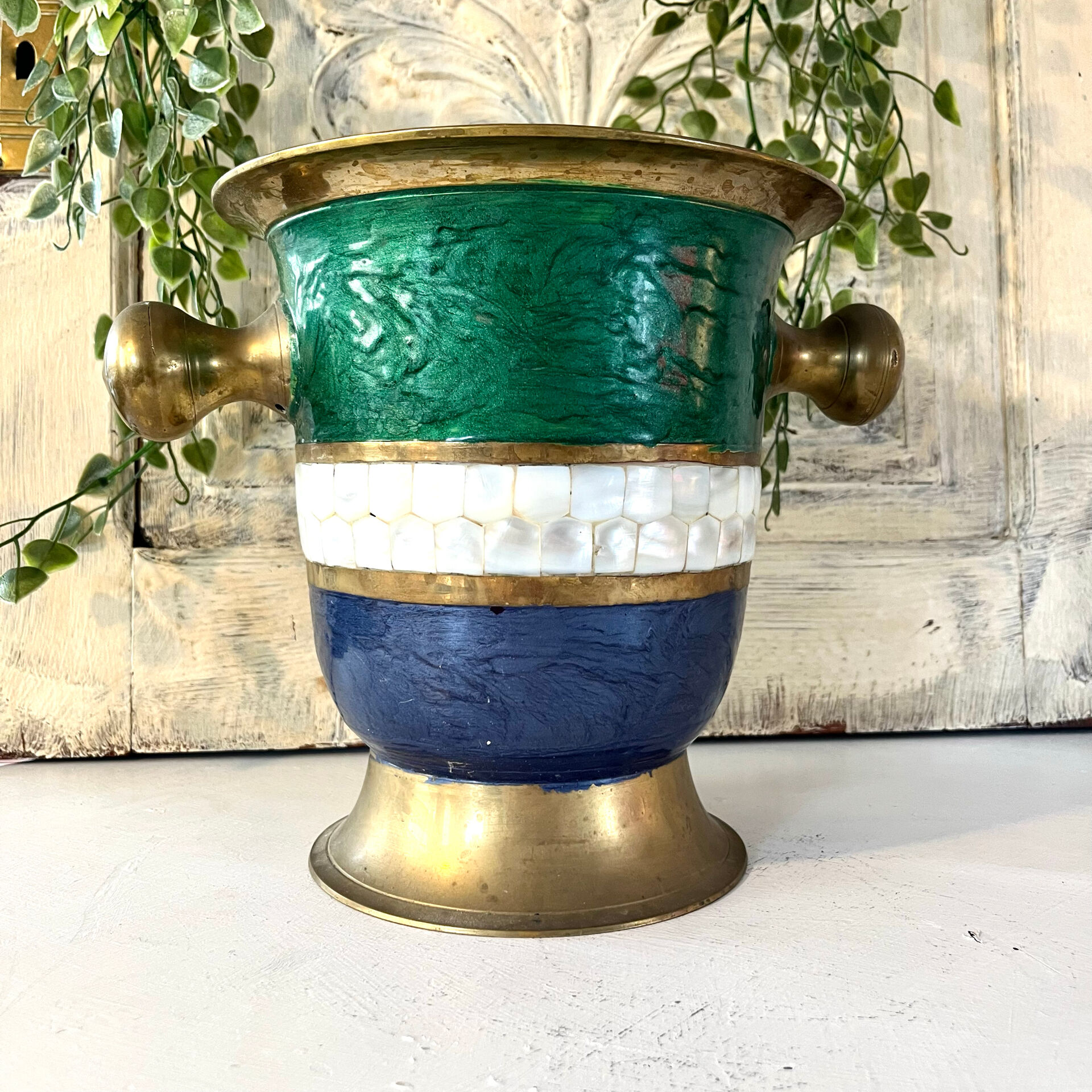 French Cloisonne cooler, Vintage Shell Inlay Barware Enamel Ice Bucket