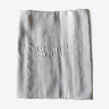 Ancienne nappe de vendanges en chanvre liteaux tissés et monogramme GN