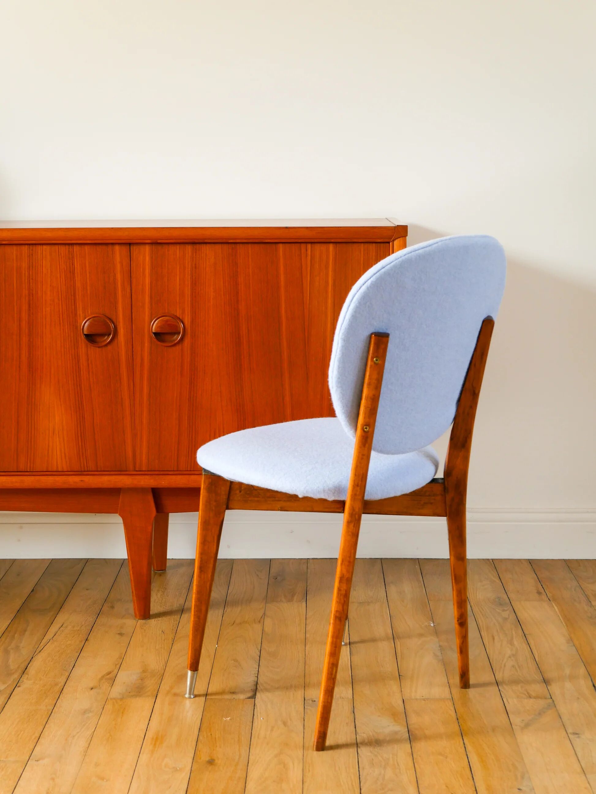 Beech wood chair, reupholstered in baby blue boiled wool, 1950.